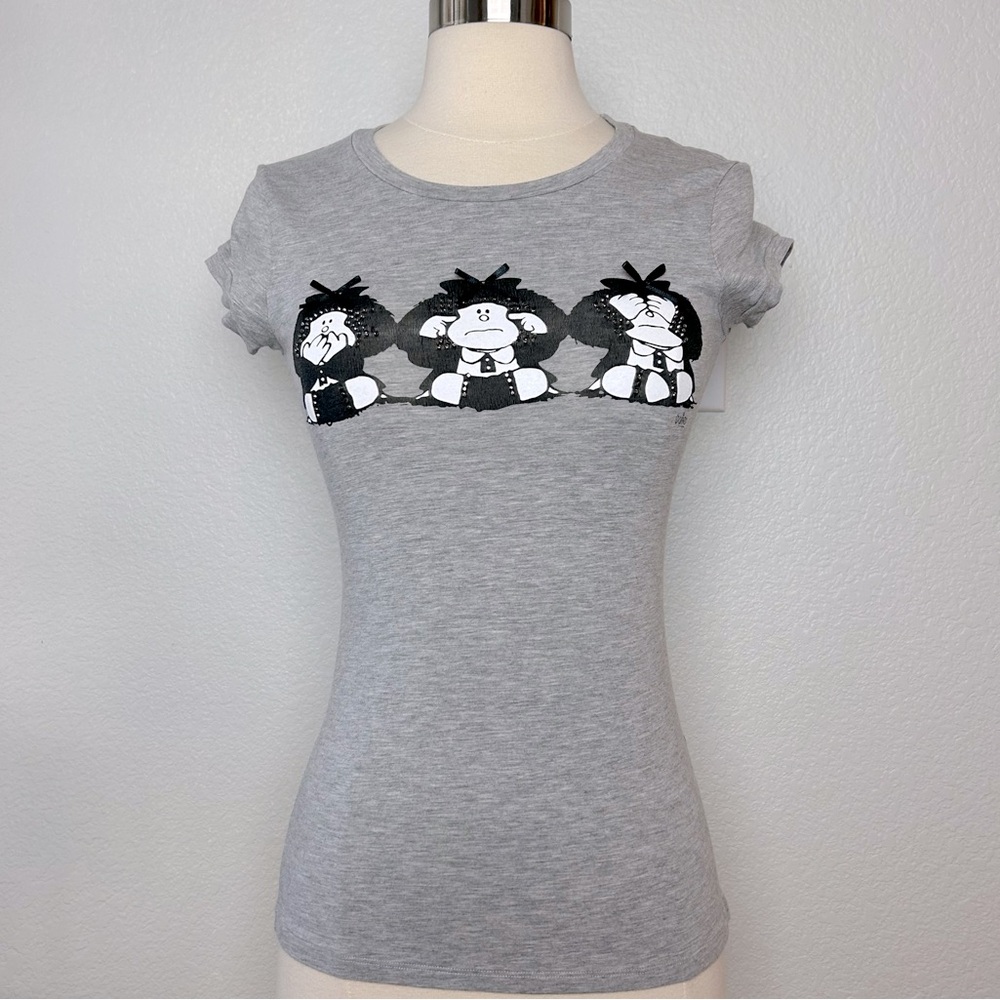Liu Jo T-shirt Women's Size XS Heather Gray Studded See No Evil Hear No Evil
